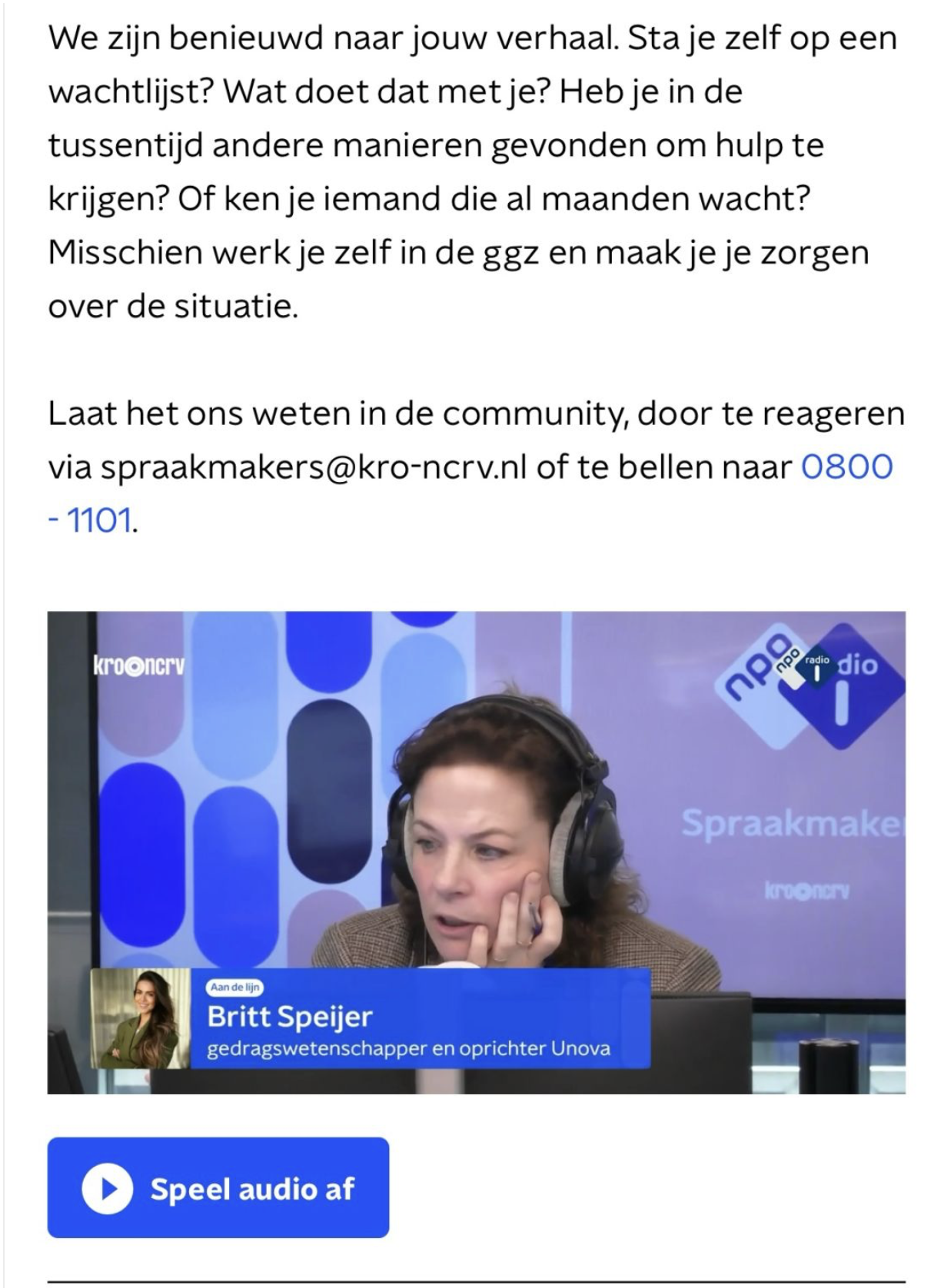 Britt Speijer te gast bij NPO Radio 1, Spraakmakers