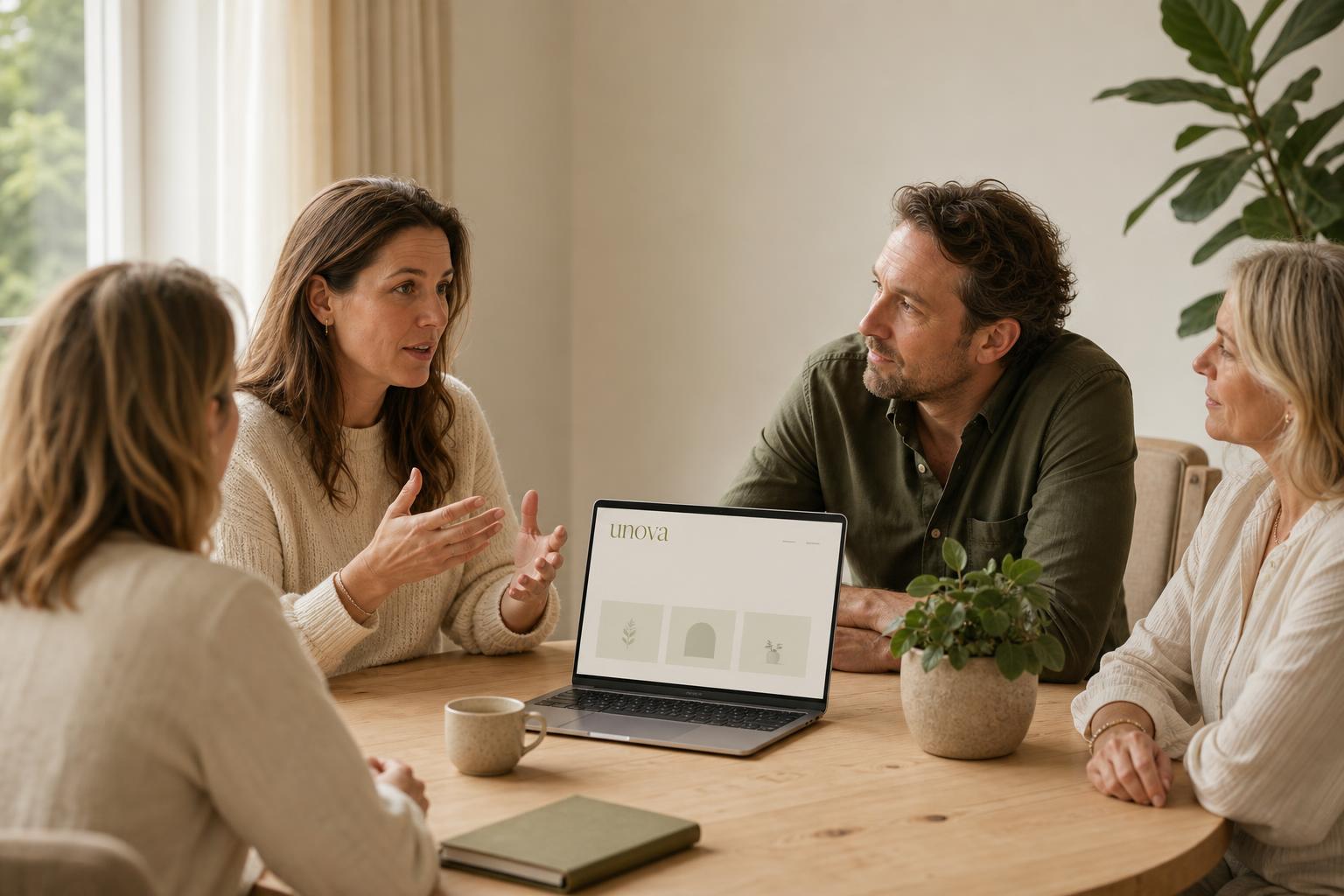 Vier professionals in een warm, licht overleg aan een houten tafel, met op een laptop subtiel de UNOVA-omgeving zichtbaar