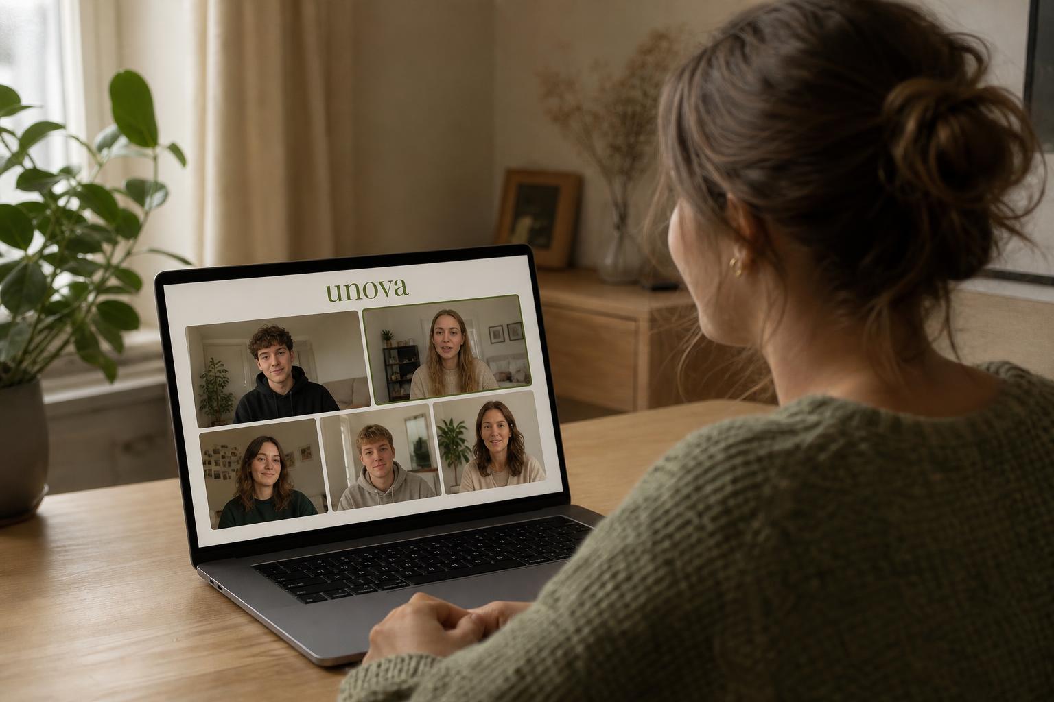 Jongere neemt vanuit haar eigen kamer deel aan een online groepssessie van UNOVA, met vijf andere deelnemers zichtbaar op het laptopscherm