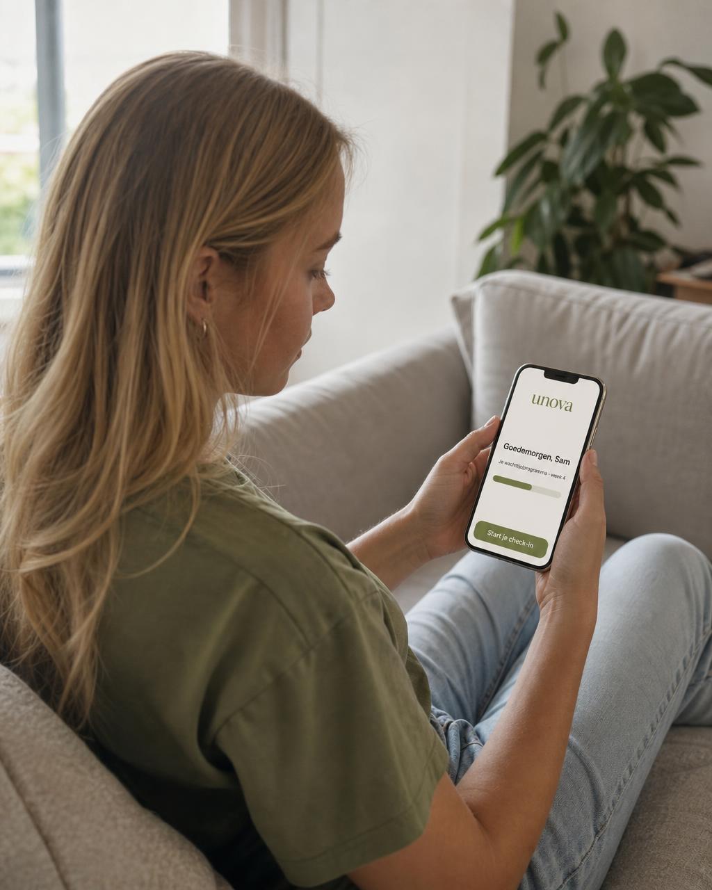Jongere gebruikt op de bank haar persoonlijke UNOVA-omgeving op de smartphone